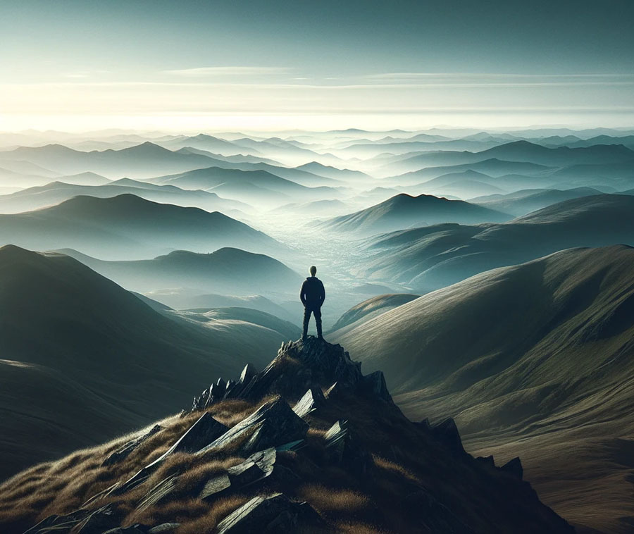 A photo of a person standing at the top of a mountain